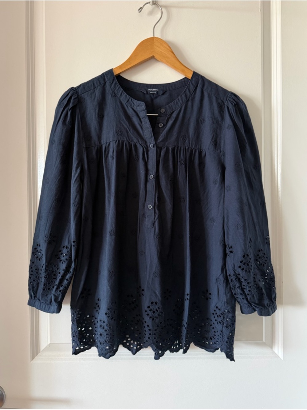 Navy Eyelet Henley Peasant Blouse